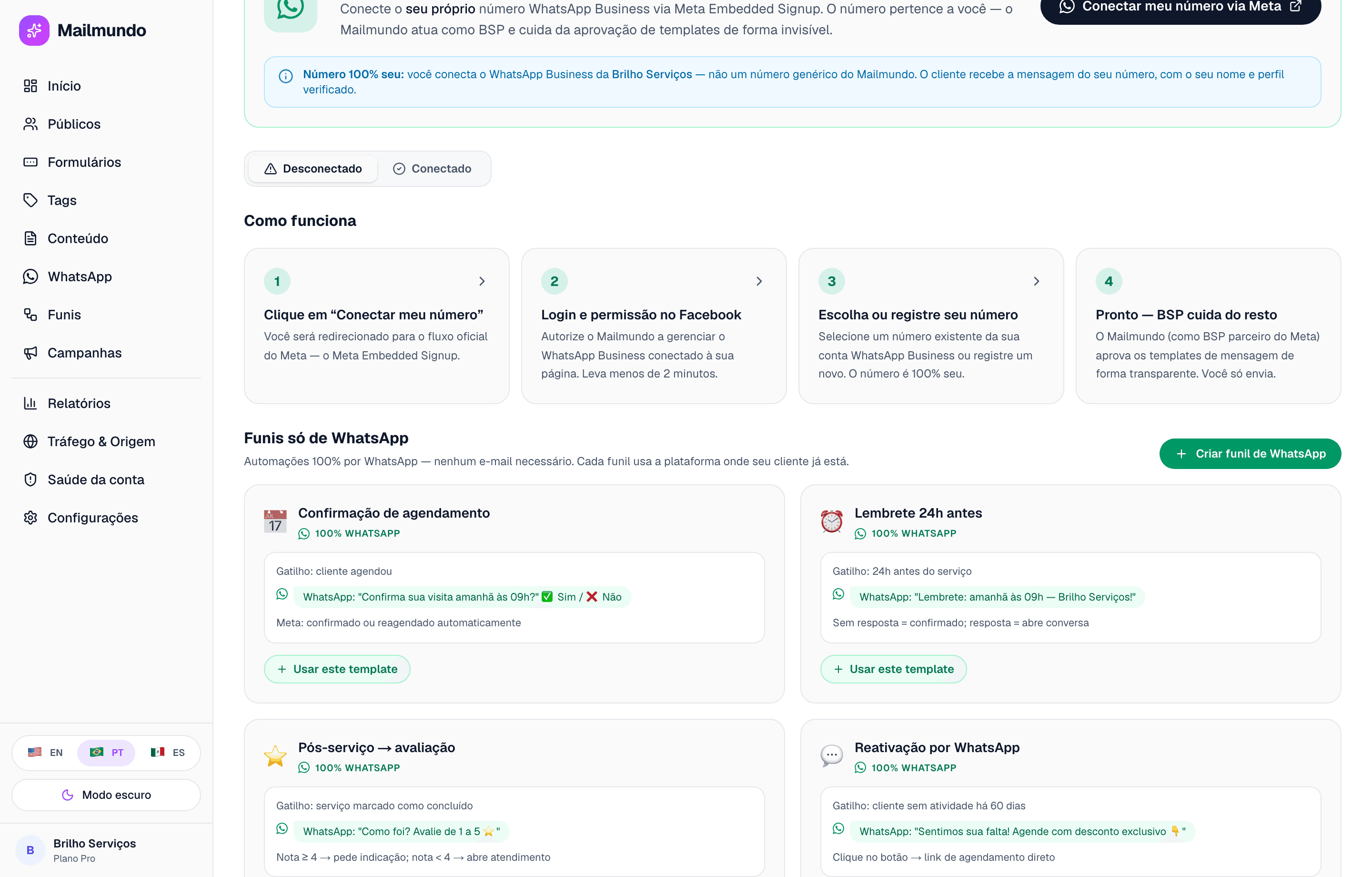 Email hoje. WhatsApp a seguir.